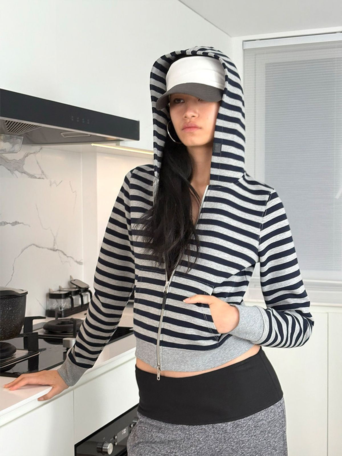 RARELY ALIKE Striped Cotton Cropped Hoodie in Navy - On Model