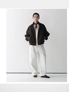 ROYA Melange Wool Blend Harrington in Brown - On Model