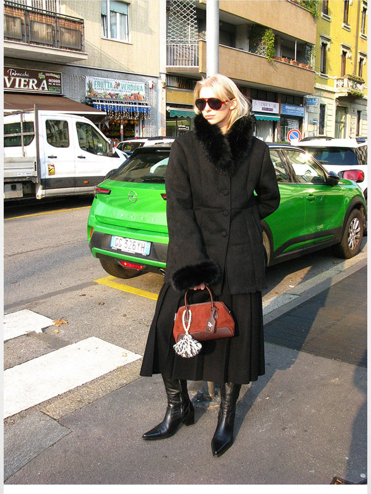 ACSENSE STUDIO Faux Suede Jacket with Faux Fur Collar in Black - On Model