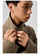Simple Project Suede Texture Double Breasted Peacoat in Beige - On Model