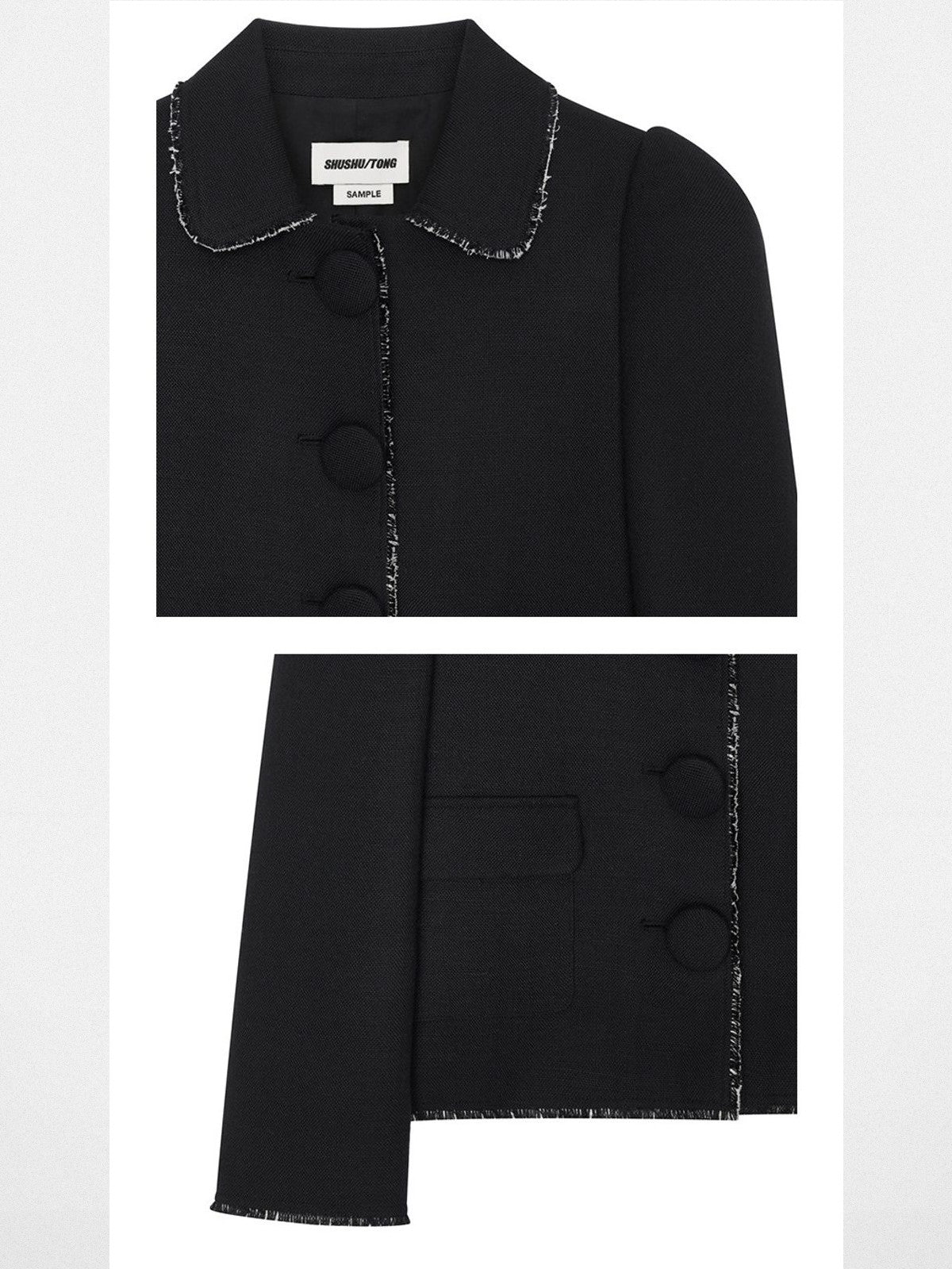 SHUSHUTONG Frayed Trim Cropped Jacket in Navy - Detail