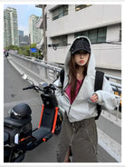 VLABMADE Boxy Cropped Zip Up Hoodie in Gray - On Female Model