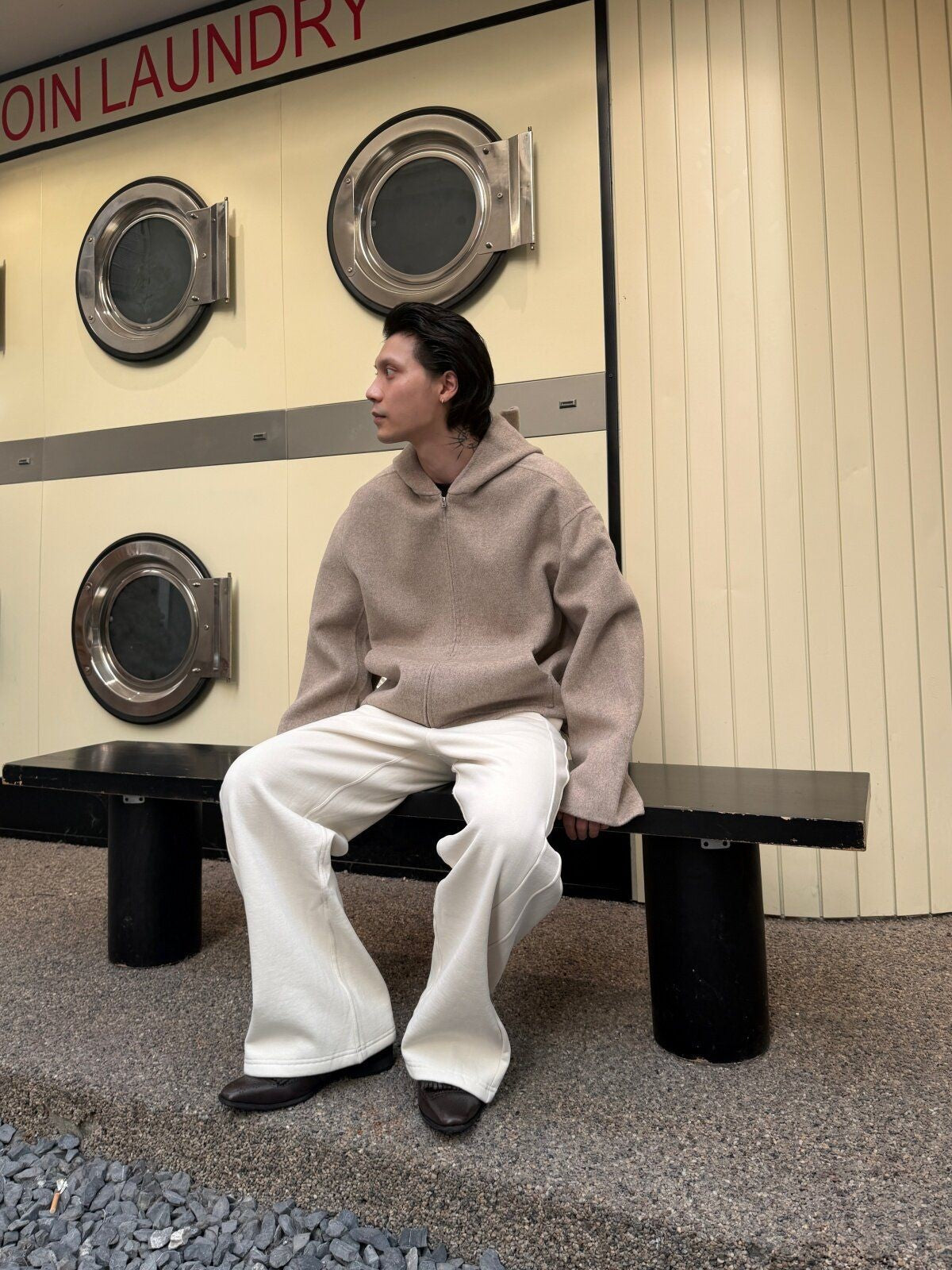 TRIANGLE PROJECT Double Faced Wool Cashmere Hoodie in Oatmeal - On Model