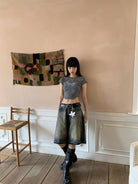 NeverSeez Lace Bow Graphic Baby Tee in Gray - On Model