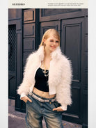 BeerBro Shaggy Faux Fur Cropped Jacket in White - On Model