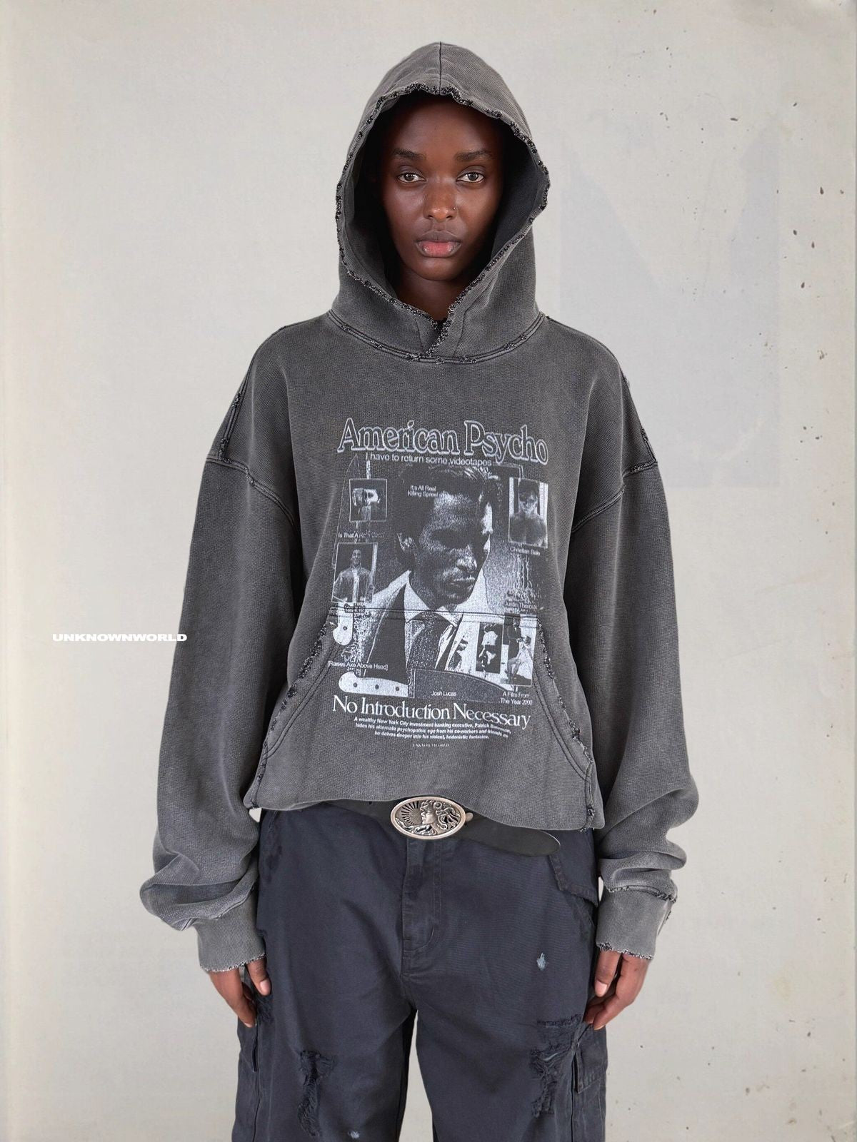 UNKNOWNWORLD Distressed Washed Graphic Hoodie in Black - On Model