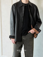 Roolrren homme Vegetable Tanned Sheepskin Shirt Jacket in Black - On Model