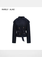 RARELY ALIKE Double Breasted Short Trench Jacket in Navy Blue