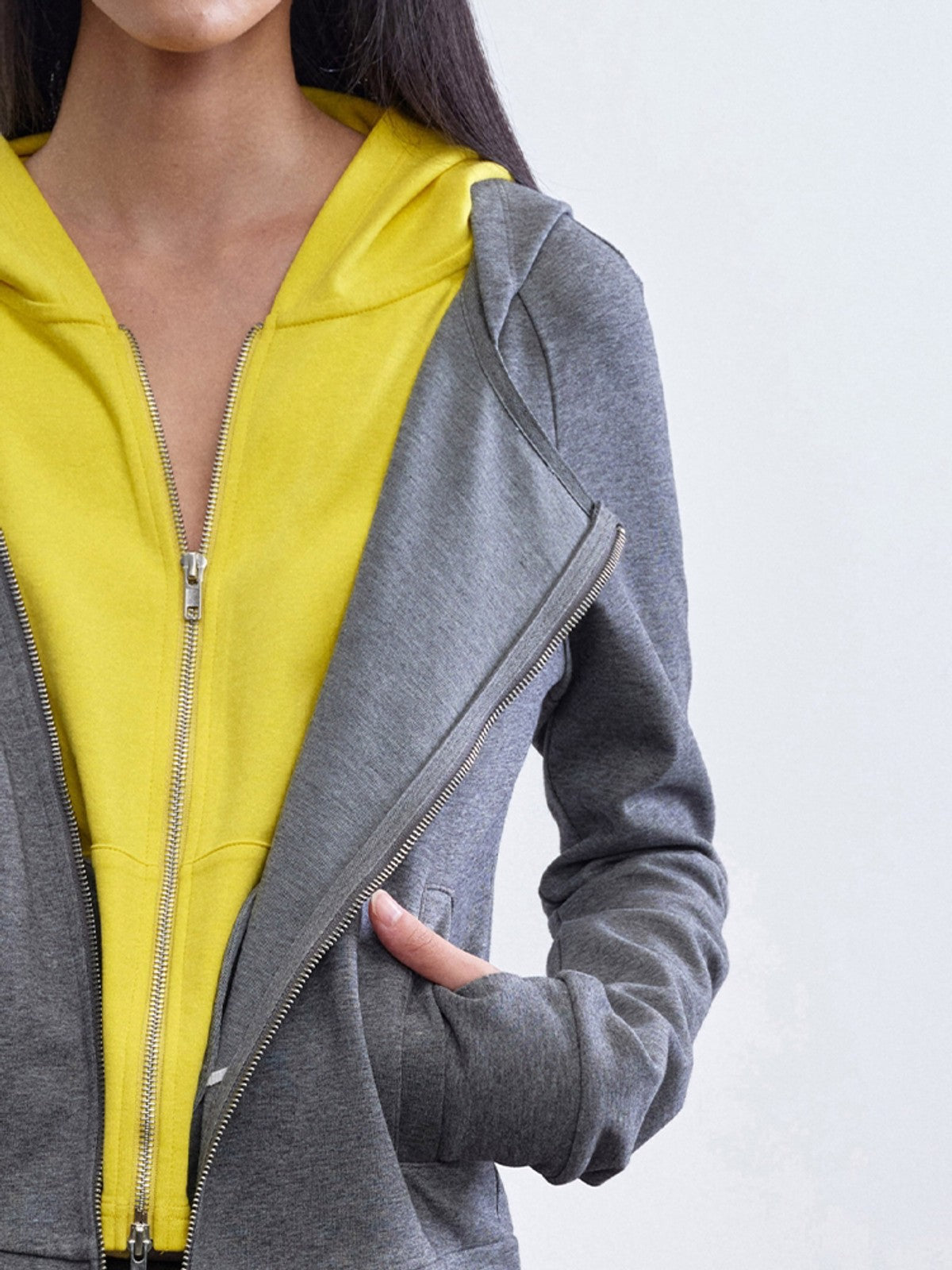 RARELY ALIKE Mock Layered Asymmetric Hoodie in Gray - On Model