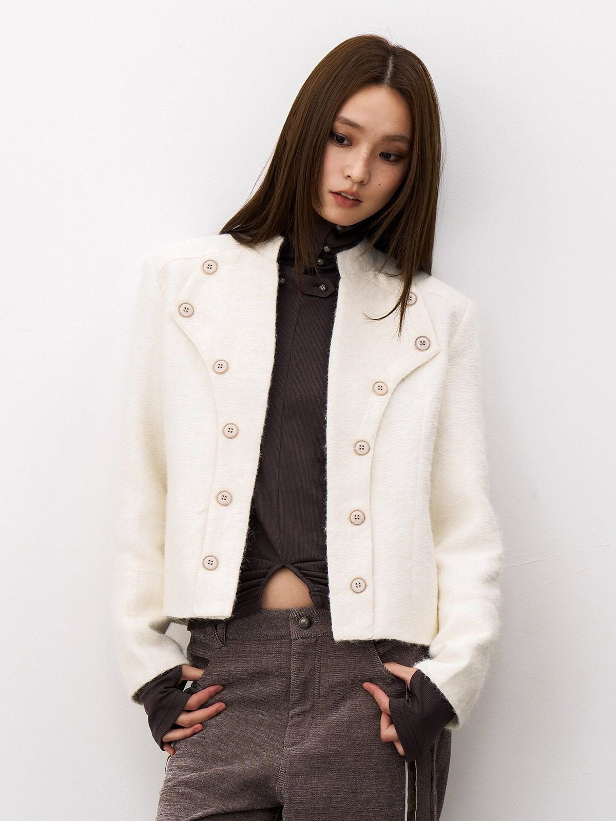 THELIGHT OFFICIAL Double Breasted Wool Blend Jacket in White - On Model