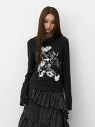 THELIGHT OFFICIAL Ink Wash Floral High Neck Top in Gray - On Model