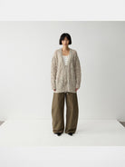 RandomPiece 100 Wool Openwork Tie Front Cardigan in Beige - On Model