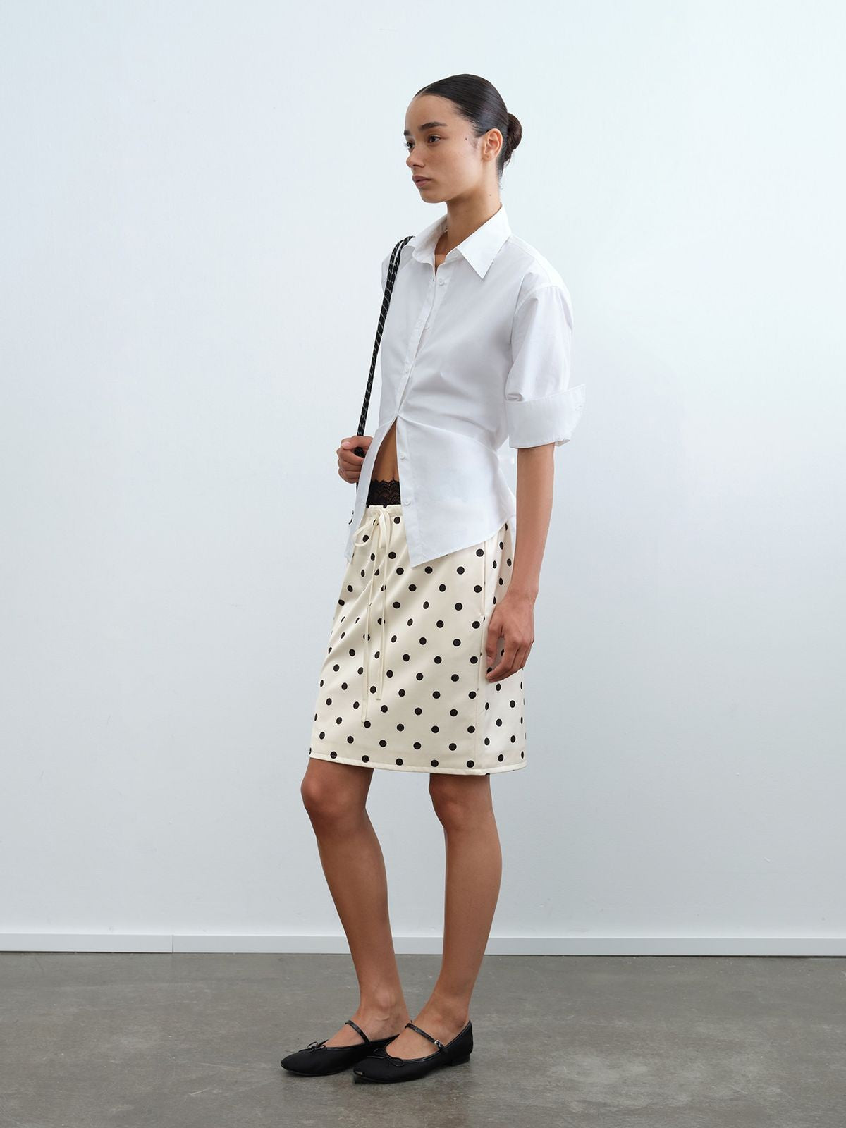 RARELY ALIKE Two Way Tie Waist Cotton Shirt in White - On Model