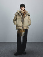 NANS Detachable Hood Crinkled Down Puffer in Beige - On Model