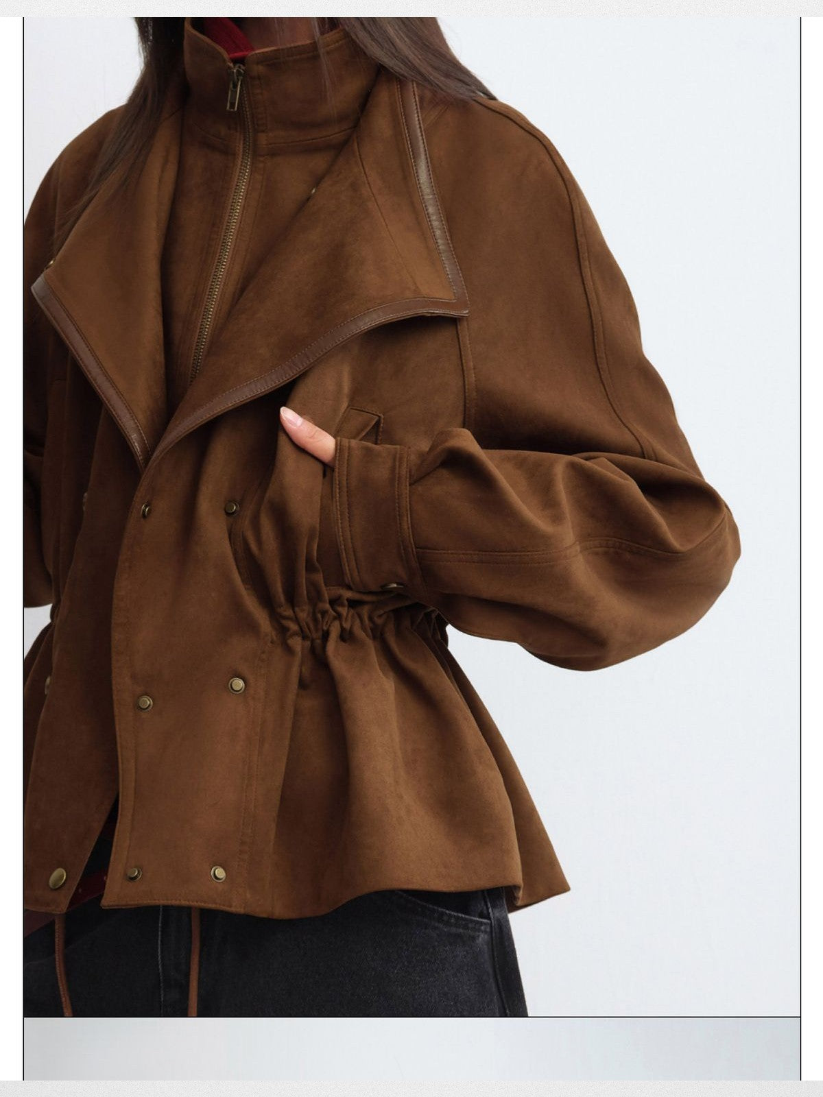 RARELY ALIKE Layered Faux Leather Jacket in Brown - On Model