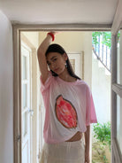 NeverSeez Gradient Fruit Print Quick Dry Tee in Pink - On Female Model