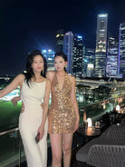 1S STUDIO Sequin Halter Neck Mini Dress in Gold - On Model