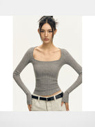 ARISEISM Wide Ribbed Square Neck Top in Gray