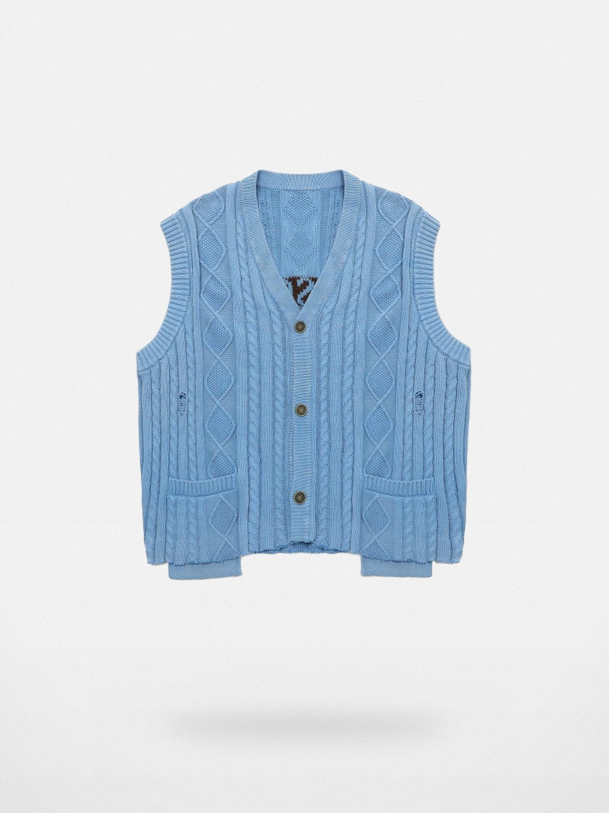 MASONPRINCE Distressed Cable Knit Vest in Sky Blue