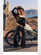 BeerBro Leopard Panel Lace Up Flare Jeans in Denim - On Model