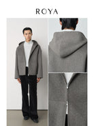 ROYA Cashmere Wool Hooded Short Coat in Gray - On Model