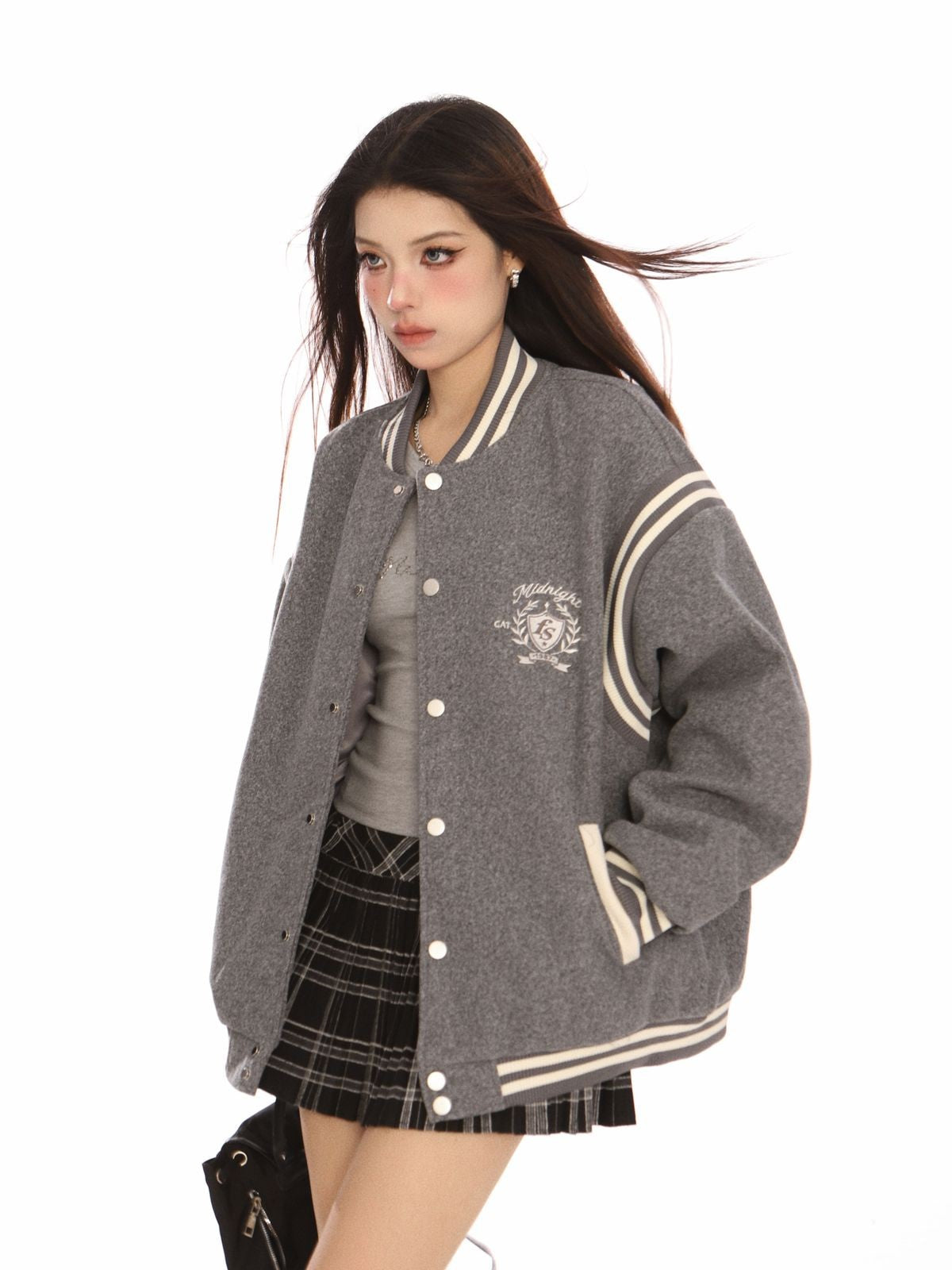 BIGGOLD STUDIO Retro Stand Collar Varsity Jacket in Gray - On Model #color_gray
