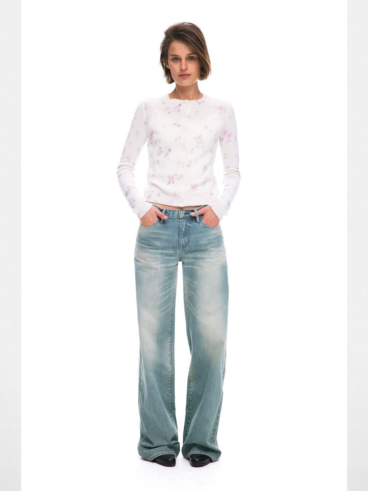 Alright then Watercolor Floral Wool Cardigan in White - On Model