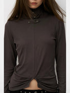 THELIGHT OFFICIAL Ruched Button Neck Crop Top in Gray - On Model