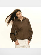 ARISEISM Oversized Cotton Blend Zip Up Hoodie in Brown - On Model