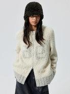 Simple Project Color Block Wool Blend Zip Cardigan in Beige - On Female Model