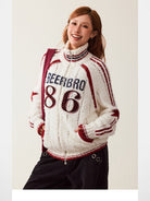 Beer Bro Varsity Patch Zip Up Cardigan in Off-White - On Model