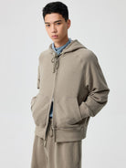 Simple Project Cotton Blend Zip Up Hoodie in Beige - On Male Model