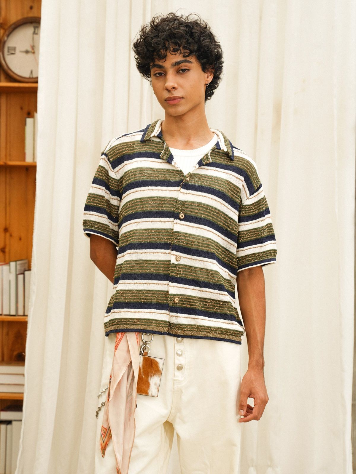 Retro 21 Contrast Stripe Knit Shirt in White - On Model