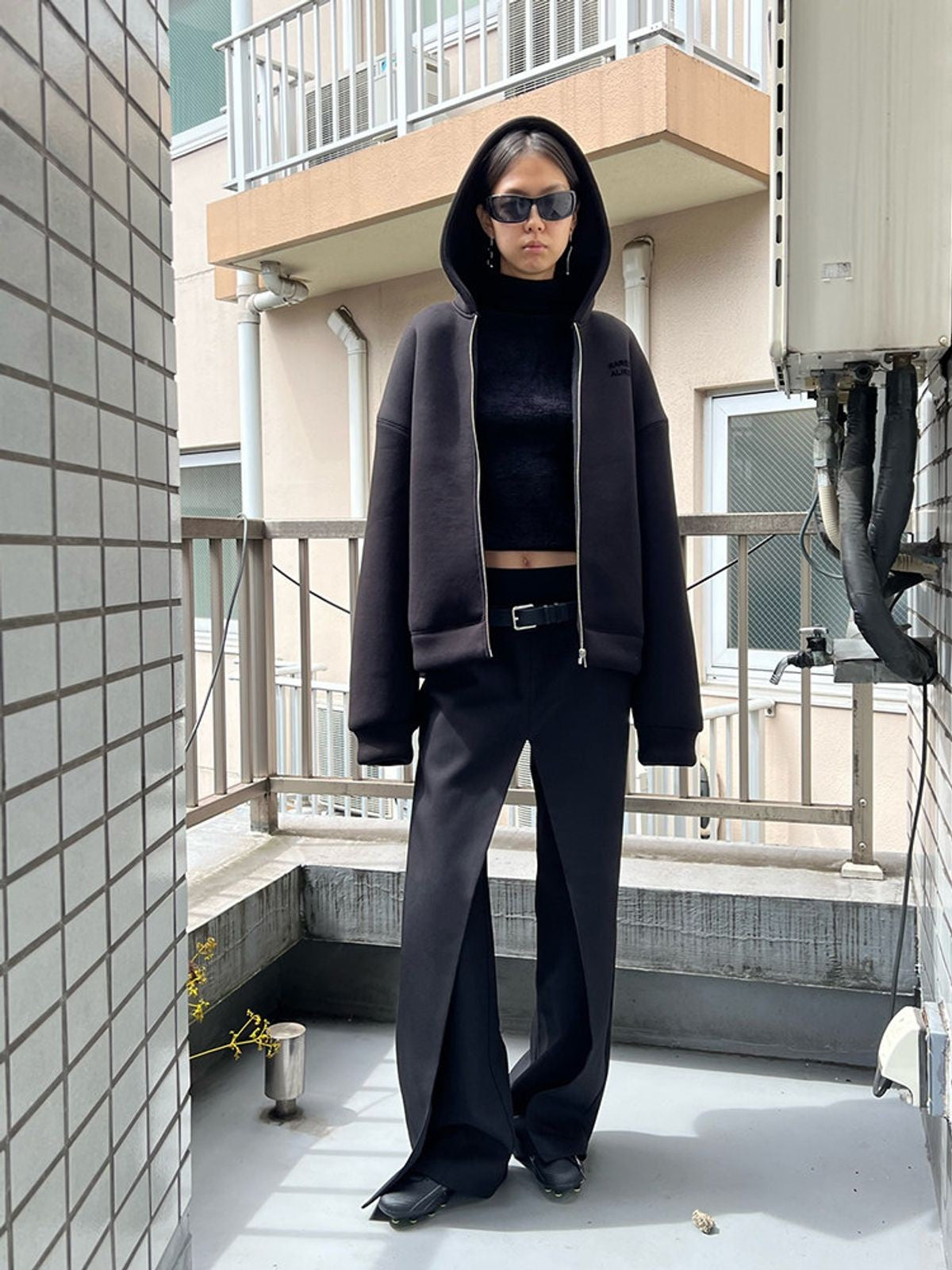 RARELY ALIKE Ribbed Waist Overlay Trousers in Black - On Model