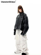 UNKNOWNWORLD Structured Cowhide Biker Jacket in Black - On Model