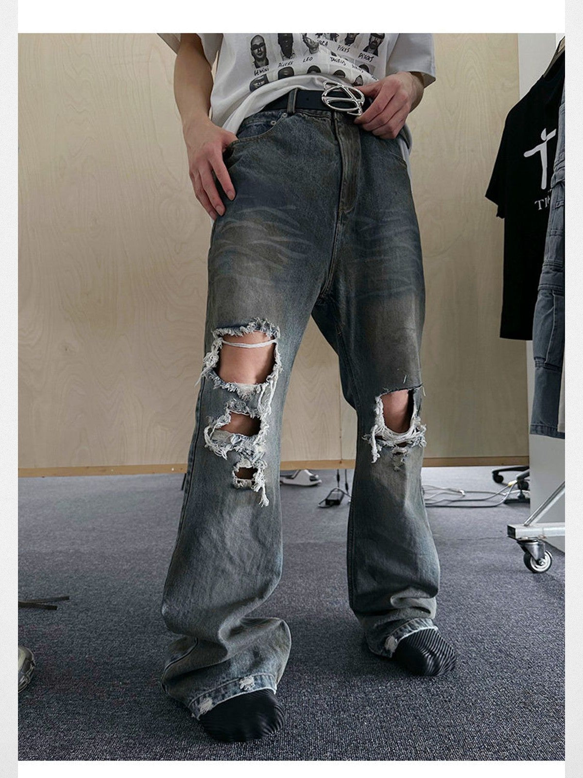 TRIANGLE PROJECT Distressed Dirty Wash Micro Flare Jeans in Denim - On Model