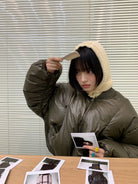 NeverSeez 90 Down Ruched Sleeve Puffer in Olive - On Female Model