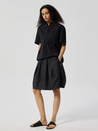 Simple Project Half Placket Nylon Shirt in Black - On Female Model