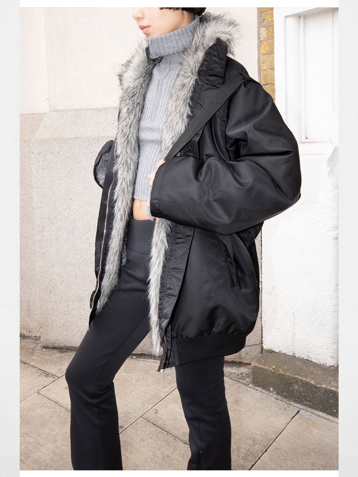 RARELY ALIKE Faux Fur Lined Nylon Bomber in Black - On Model