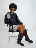 RARELY ALIKE Double Breasted Short Trench Jacket in Navy Blue - On Model