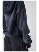 Simple Project Distressed Painted V Neck Hoodie in Navy - On Model