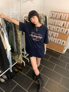 NeverSeez Love Flower Shop Embroidered Tee in Blue - On Female Model