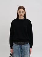 MasonPrince Mock Layer Wool Blend Sweater in Black - On Female Model