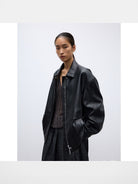 RandomPiece Oversized Matte Faux Leather Jacket in Black - On Model
