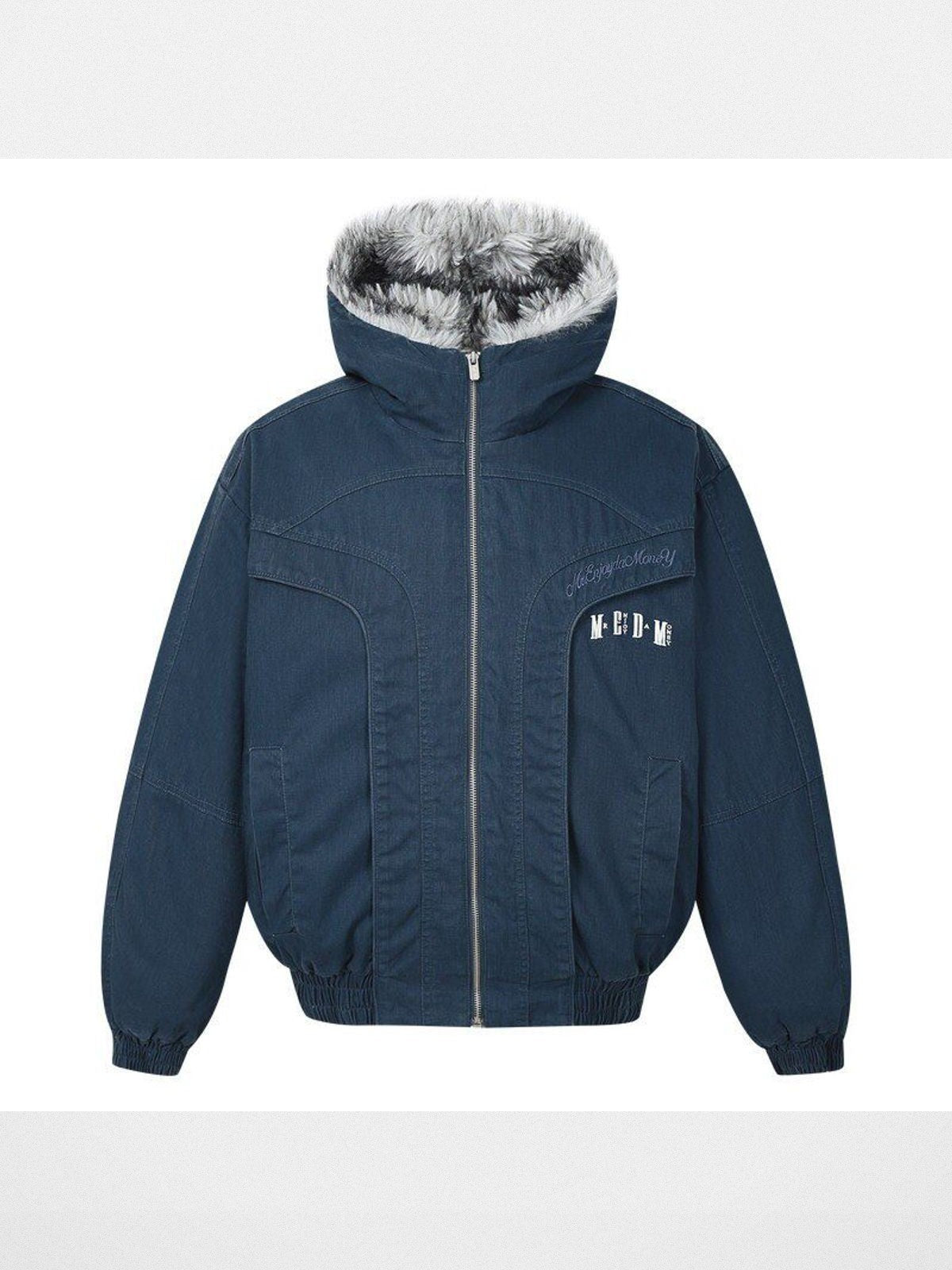 MEDM Distressed Canvas Hooded Jacket in Navy Blue