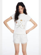 THELIGHT Starfish Rhinestone Cropped Tee in White - On Model