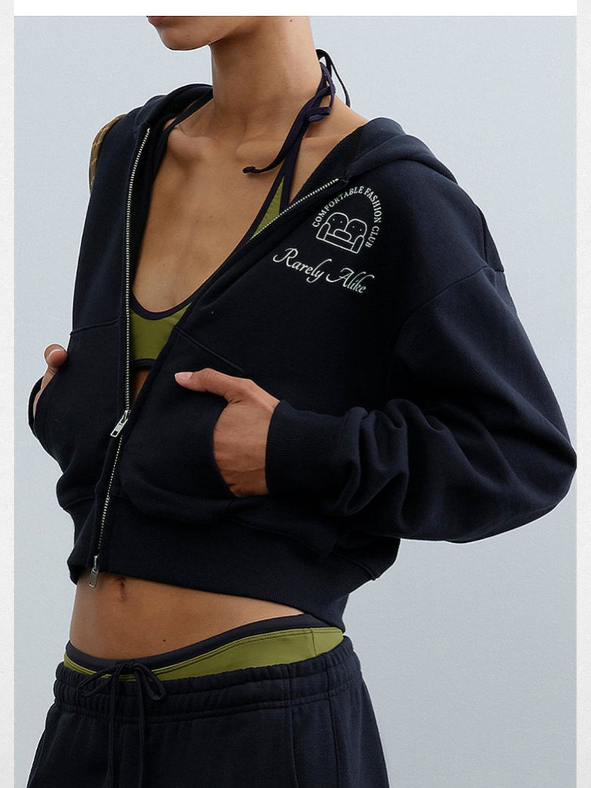RARELY ALIKE Logo Print Zip Up Hoodie in Navy Blue - On Model