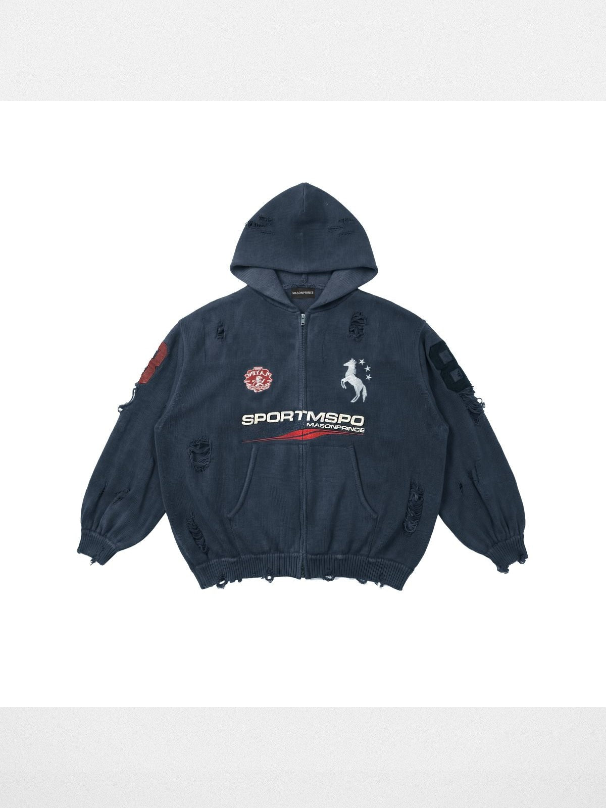 MasonPrince Distressed Horse Graphic Zip Hoodie in Navy Blue