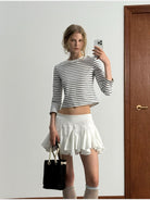 PUKI Striped Half Sleeve Cropped T Shirt in White - On Model