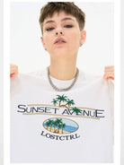 LOSTCTRL Palm Tree Embroidered Cotton Tee in White - On Model
